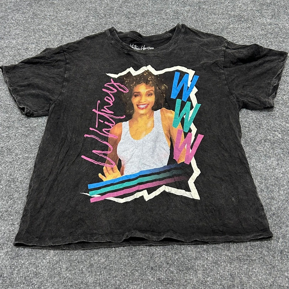 Whitney Houston T-shirt Womens Size M Black Mineral Wash Graphic Tee 80s Style